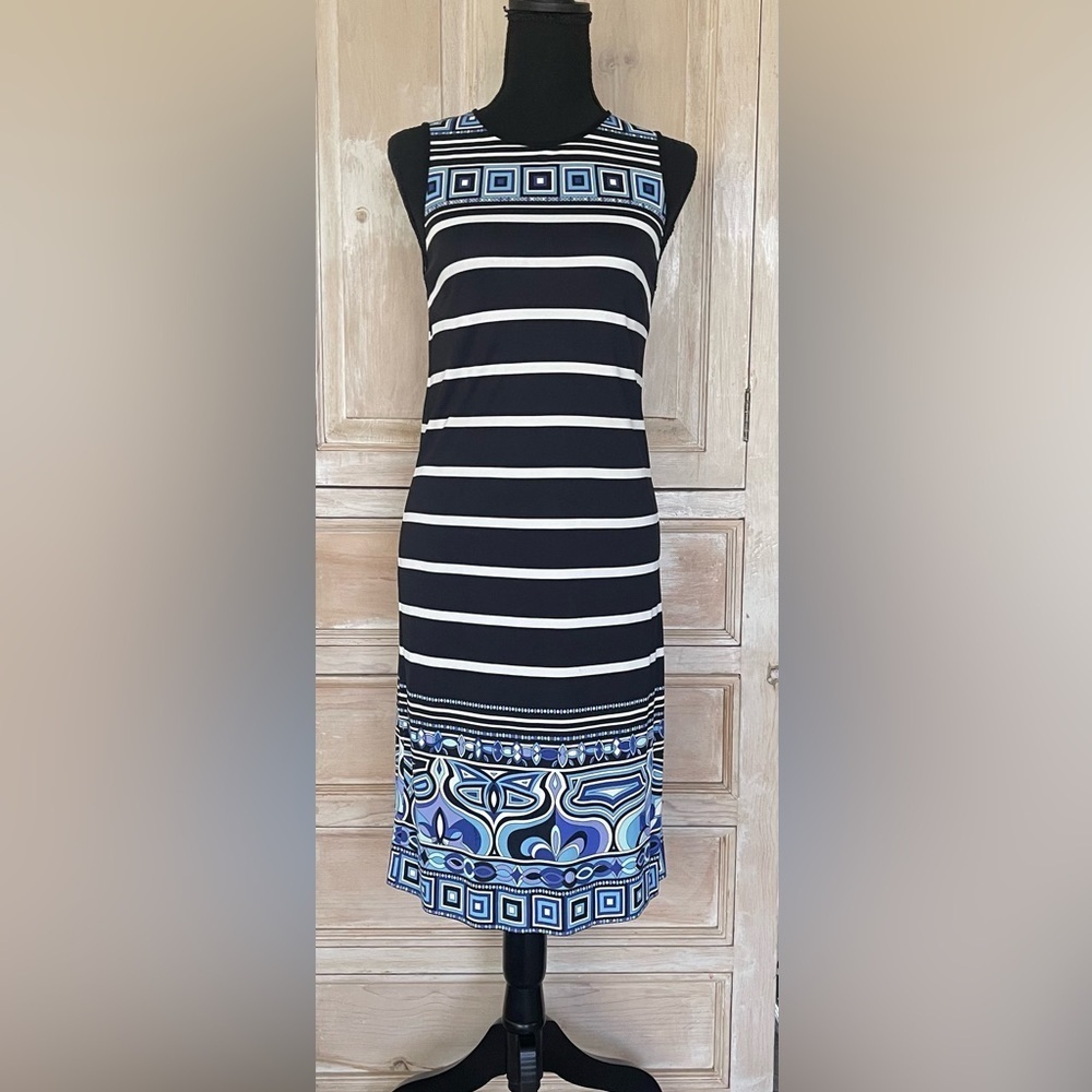 Emilio Pucci Sleeveless Shift Dress- Black, White & Blue Geometric Print